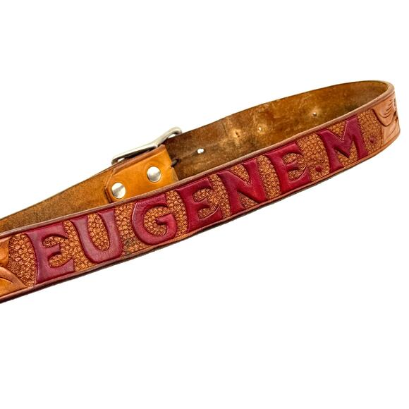 Vintage Western Cowboy Belt 30 Brown Tooled Leather Name Eugene M Hand Painted - Picture 1 of 10